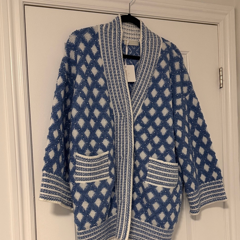 Vita Grace Blue and White Diamond Knit Cardigan
